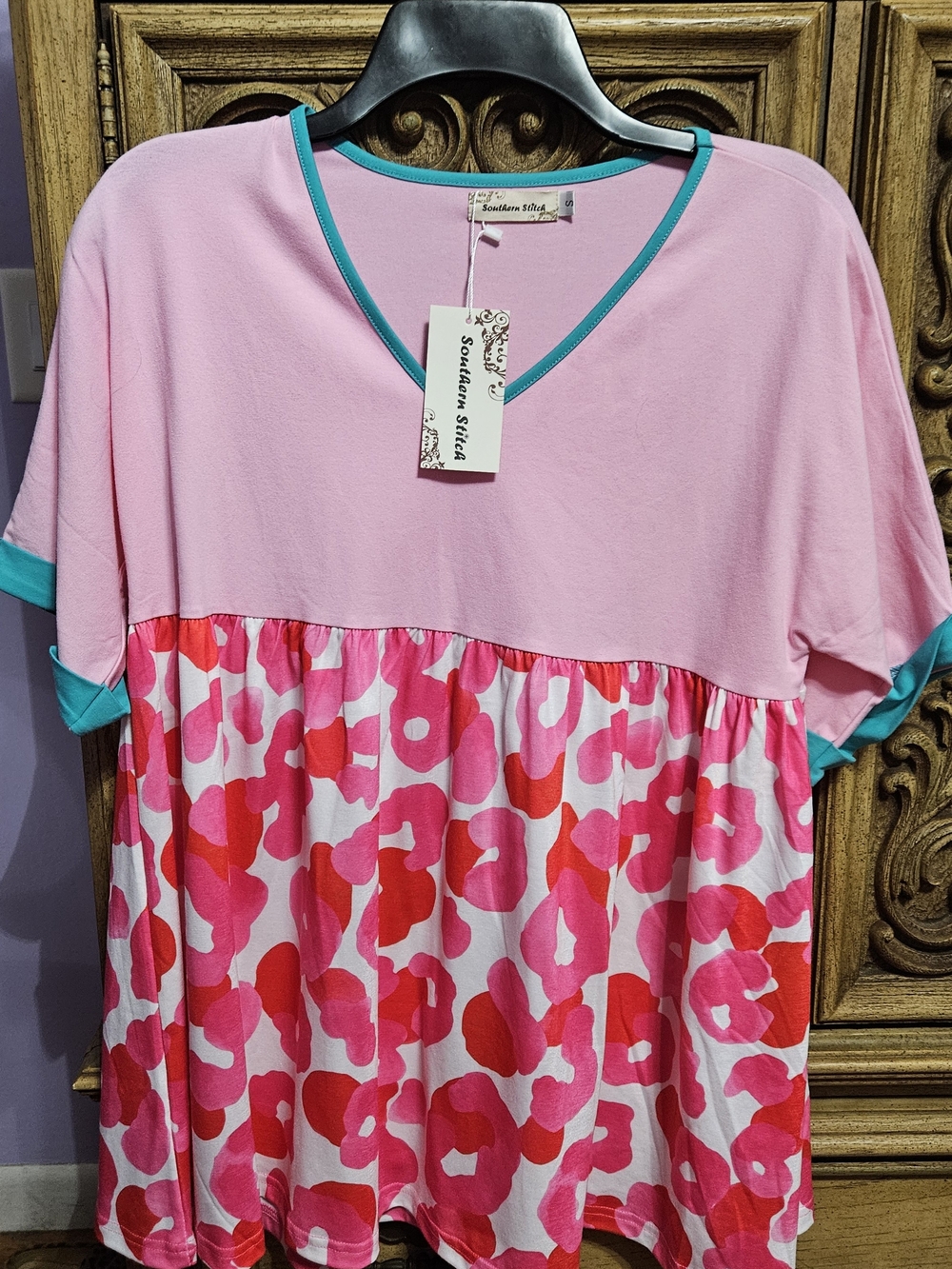 Southern Stitches Pink & Teal Short Sleeve Babydoll Tee